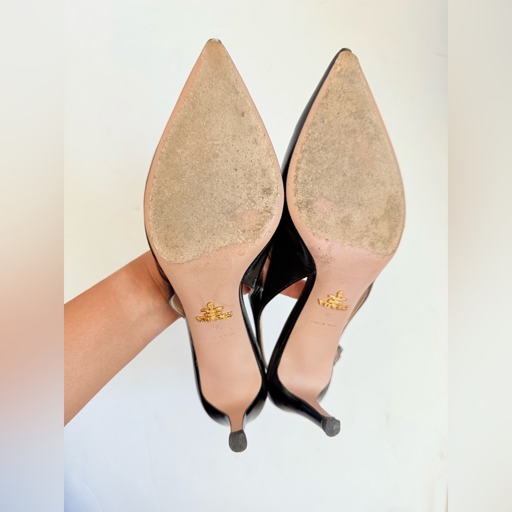 Prada Black Saffiano Patent Leather Pointed toe Slingback pumps EU 38 - Picture 7 of 9